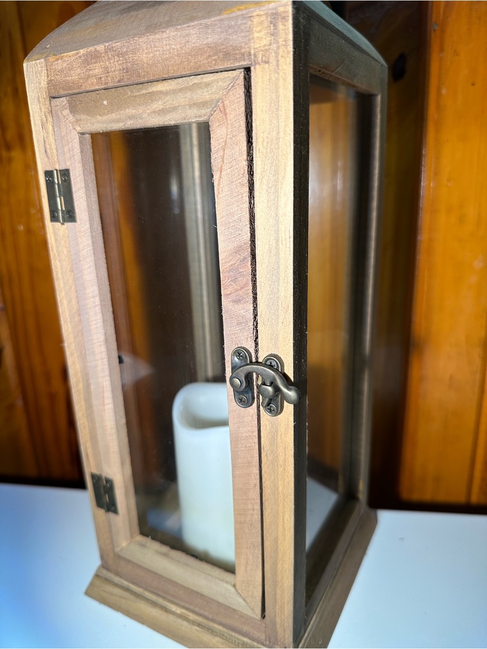 Wooden Glass Lantern with White Candle - Natural Finish